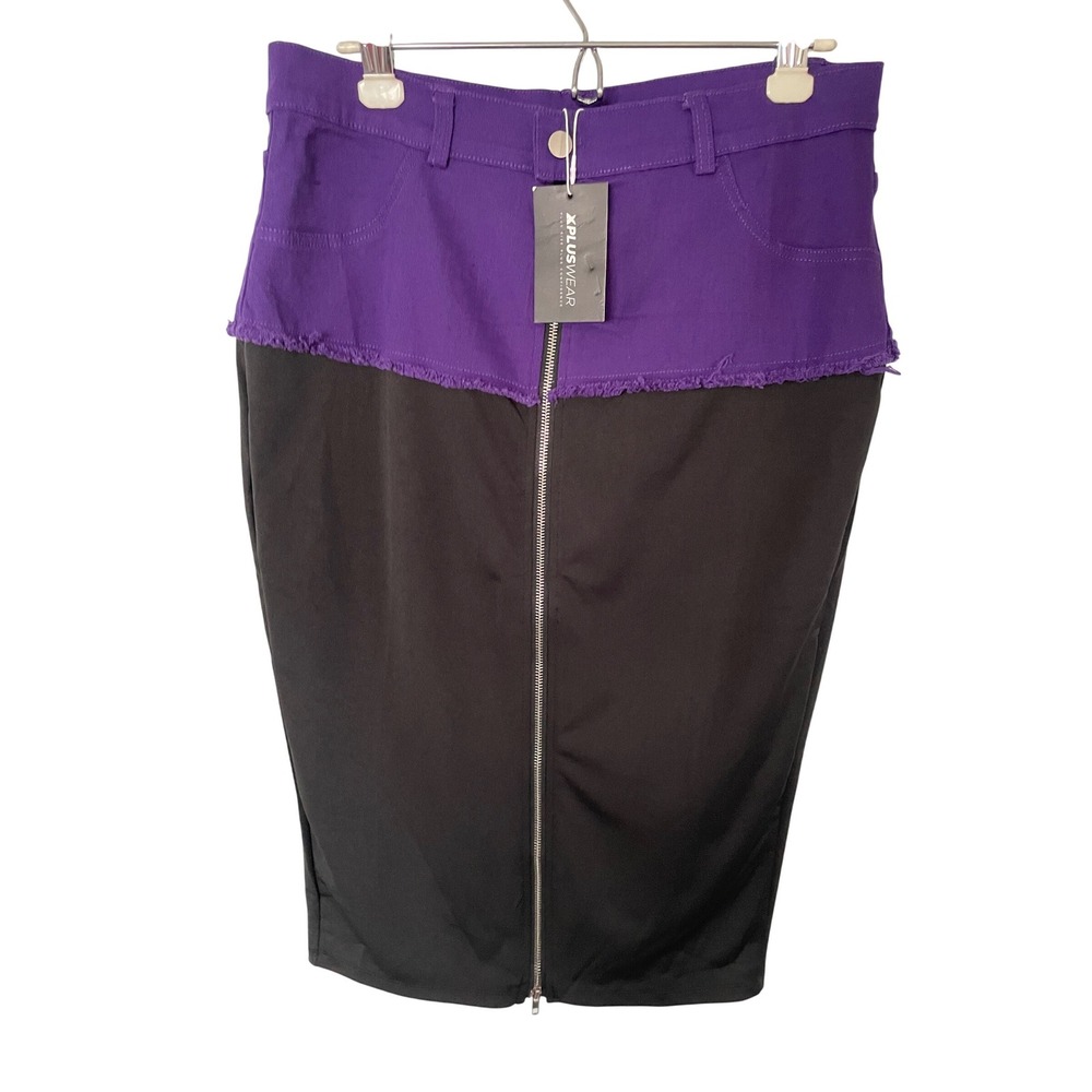 XPLUSWEAR Purple Black Colorblock Zip Front Midi Skirt Raw Hem Womens Size L New